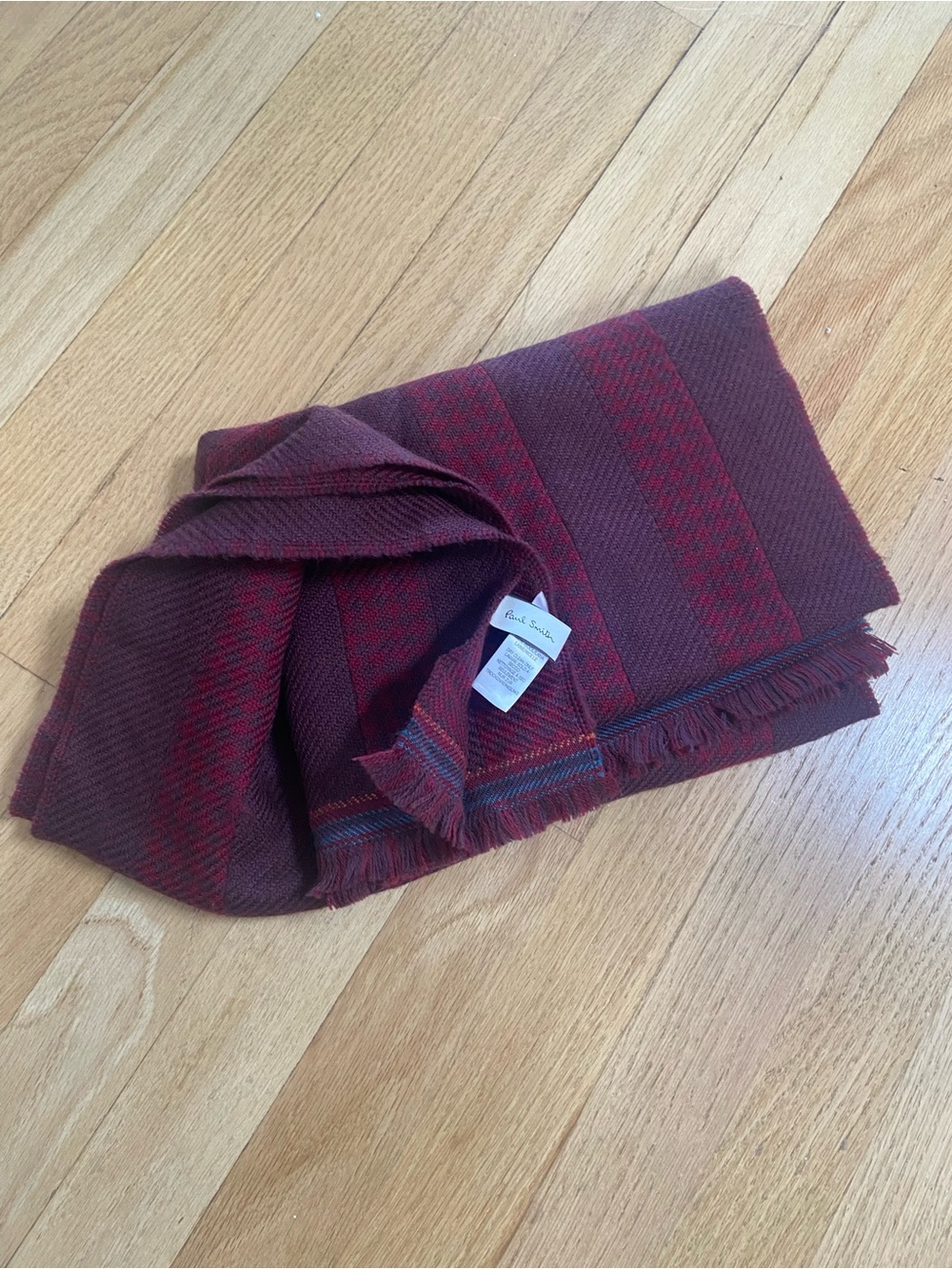PAUL SMITH 100% Long Wool Scarf Burgundy Striped Stripes 70 x 15.5 EX